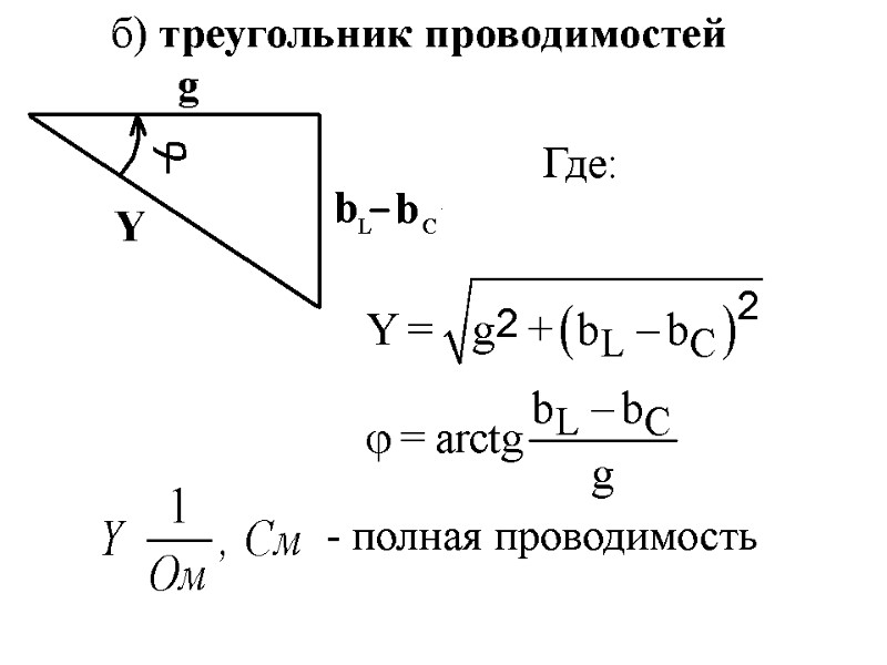 б) треугольник проводимостей Где: - полная проводимость